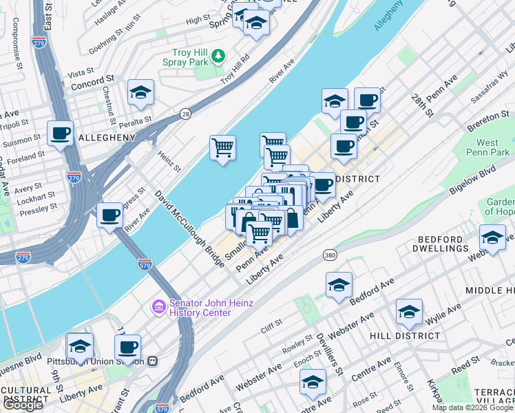 map of restaurants, bars, coffee shops, grocery stores, and more near 1904 Waterfront Place in Pittsburgh