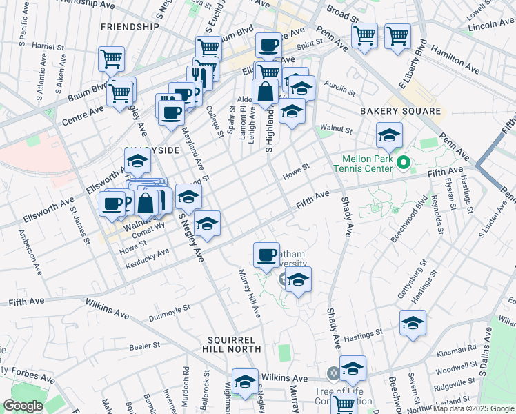map of restaurants, bars, coffee shops, grocery stores, and more near 921 College Street in Pittsburgh