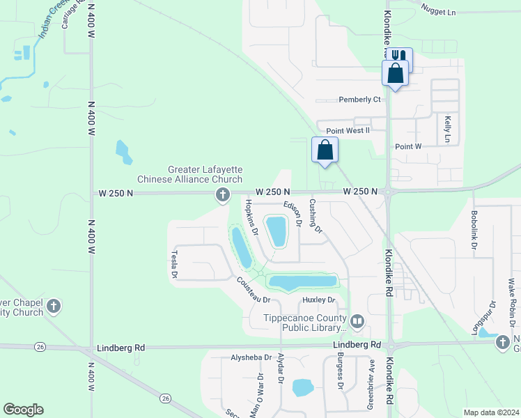 map of restaurants, bars, coffee shops, grocery stores, and more near 3419 Edison Drive in West Lafayette