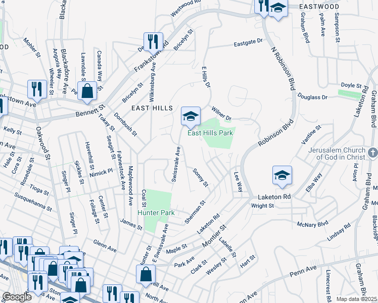 map of restaurants, bars, coffee shops, grocery stores, and more near 2099 Calistoga Place in Pittsburgh