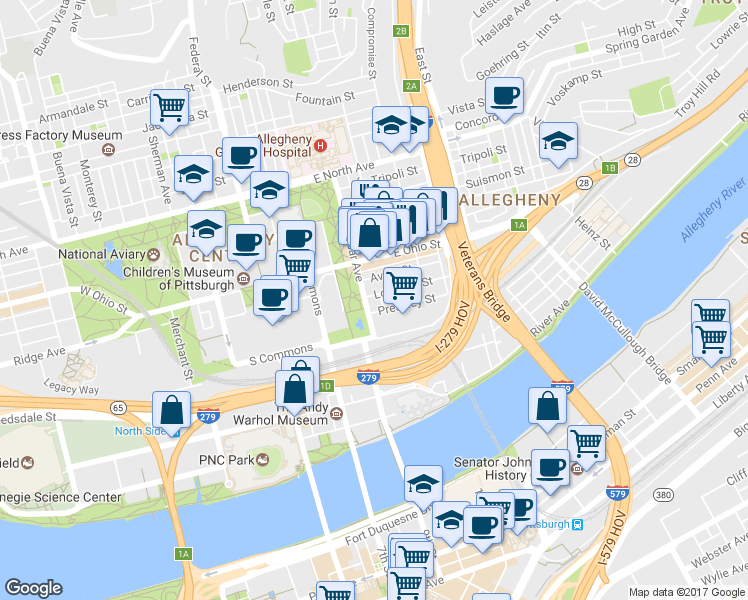 map of restaurants, bars, coffee shops, grocery stores, and more near 408 Cedar Avenue in Pittsburgh