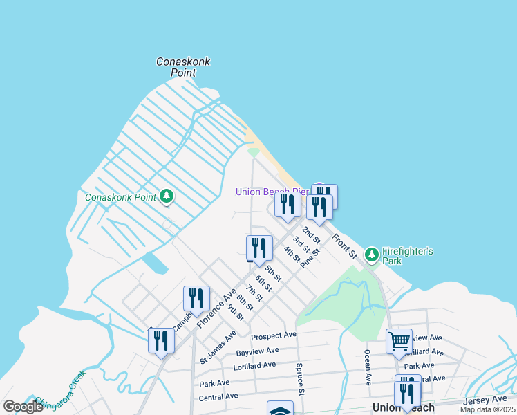 map of restaurants, bars, coffee shops, grocery stores, and more near 220 Dock Street in Union Beach