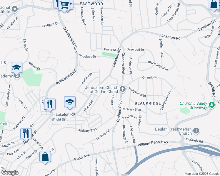 map of restaurants, bars, coffee shops, grocery stores, and more near 1541 Avon Place in Pittsburgh