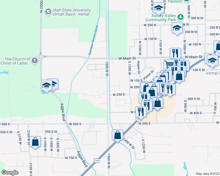 map of restaurants, bars, coffee shops, grocery stores, and more near 1477 West 210 South in Vernal