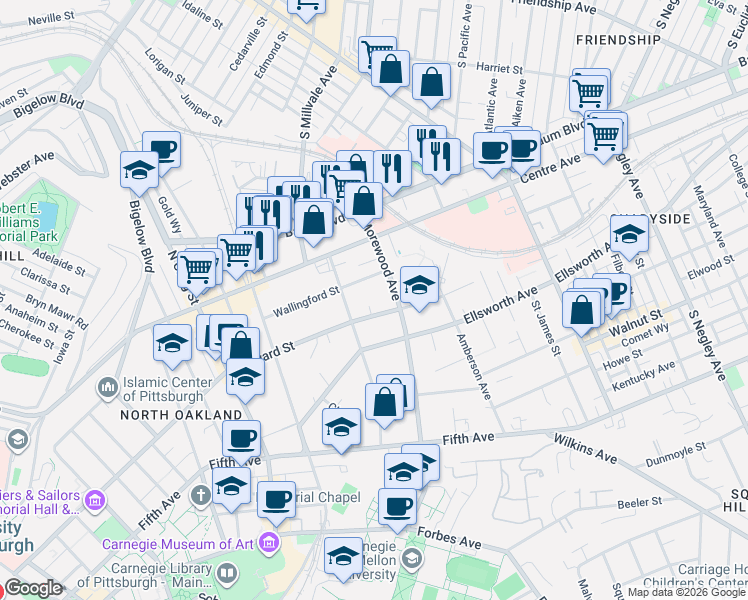 map of restaurants, bars, coffee shops, grocery stores, and more near 4939 Bayard Street in Pittsburgh