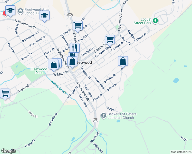 map of restaurants, bars, coffee shops, grocery stores, and more near 139A South Franklin Street in Fleetwood