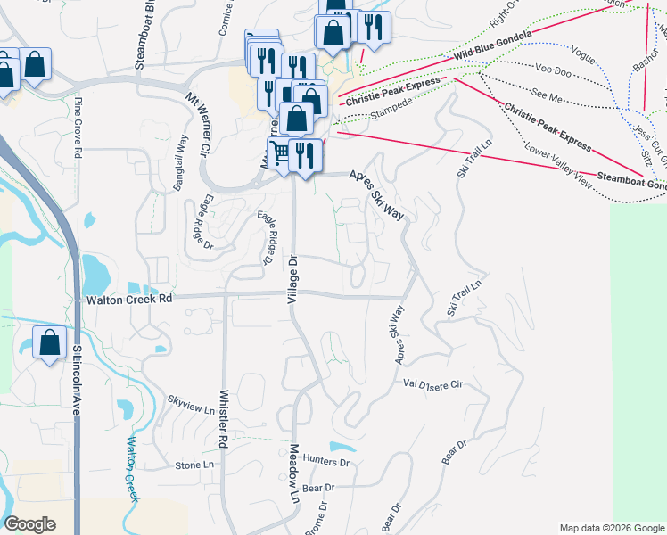 map of restaurants, bars, coffee shops, grocery stores, and more near 2903 Mountaineer Circle in Steamboat Springs