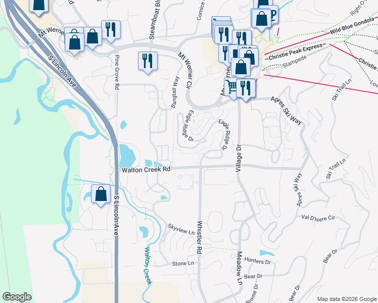 map of restaurants, bars, coffee shops, grocery stores, and more near 1439 Eagle Glen Drive in Steamboat Springs