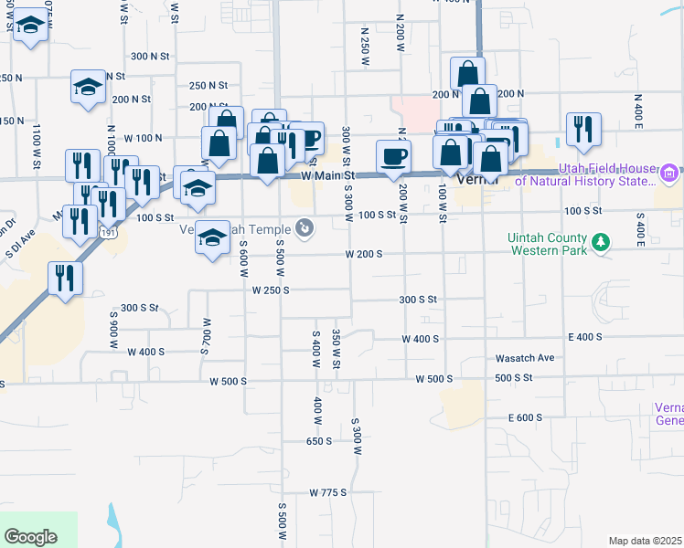 map of restaurants, bars, coffee shops, grocery stores, and more near 237 South 300 West in Vernal