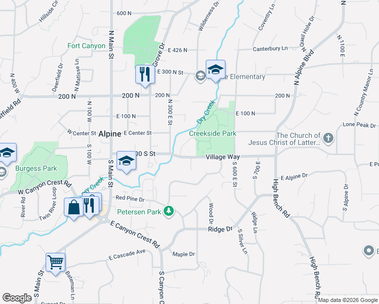 map of restaurants, bars, coffee shops, grocery stores, and more near 393 East 100 South in Alpine