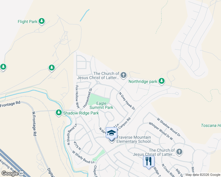 map of restaurants, bars, coffee shops, grocery stores, and more near 5203 North Ravencrest Lane in Lehi