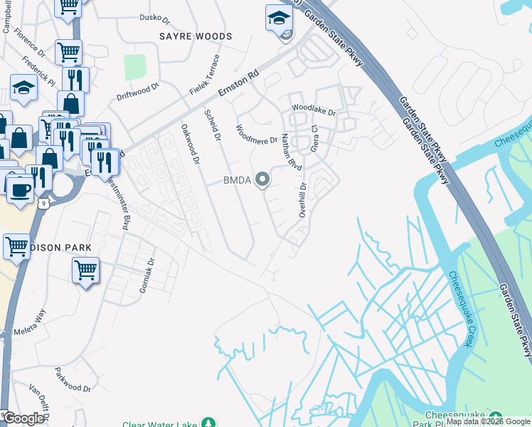 map of restaurants, bars, coffee shops, grocery stores, and more near 40 Fela Drive in Sayreville