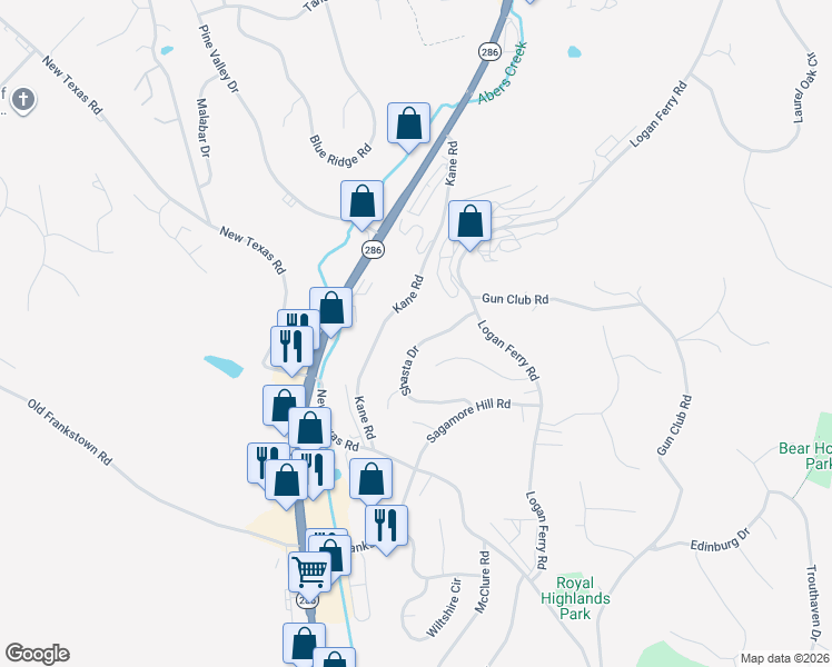 map of restaurants, bars, coffee shops, grocery stores, and more near 281 Kane Road in Pittsburgh