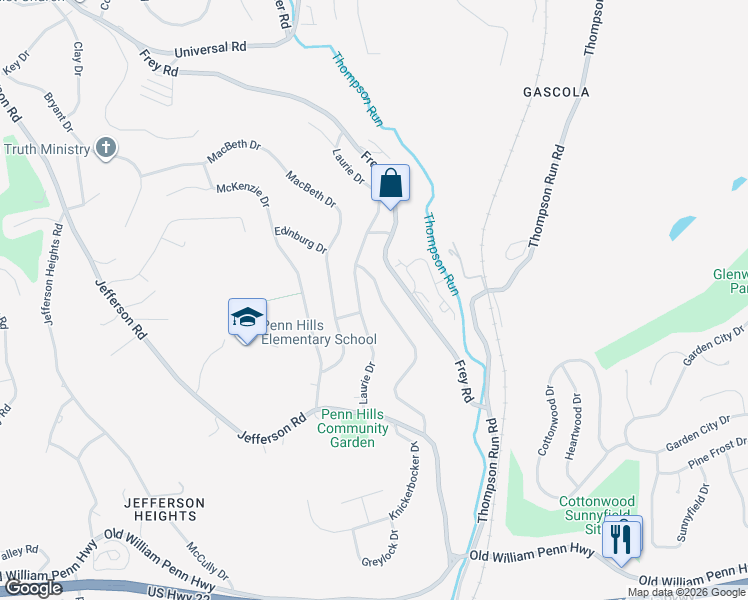 map of restaurants, bars, coffee shops, grocery stores, and more near 204 Laurie Drive in Pittsburgh
