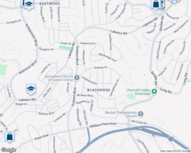 map of restaurants, bars, coffee shops, grocery stores, and more near 1707 Williamsburg Place in Pittsburgh
