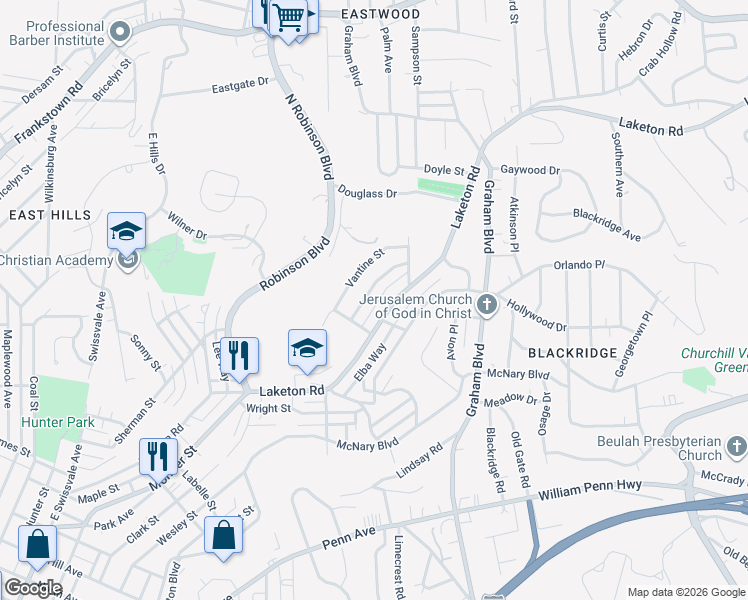 map of restaurants, bars, coffee shops, grocery stores, and more near 2129 Laketon Road in Pittsburgh