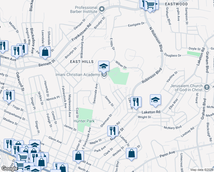 map of restaurants, bars, coffee shops, grocery stores, and more near 2067 Fairlawn Street in Pittsburgh