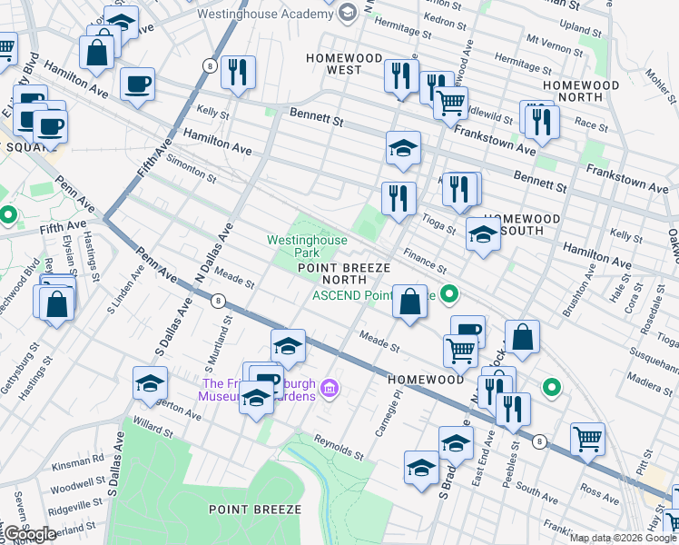 map of restaurants, bars, coffee shops, grocery stores, and more near 302 North Lang Avenue in Pittsburgh
