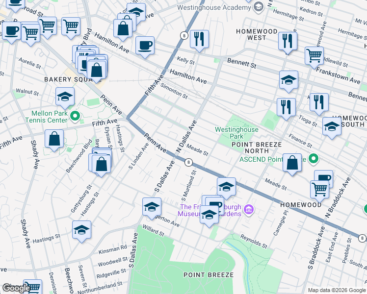 map of restaurants, bars, coffee shops, grocery stores, and more near 103 North Dallas Avenue in Pittsburgh