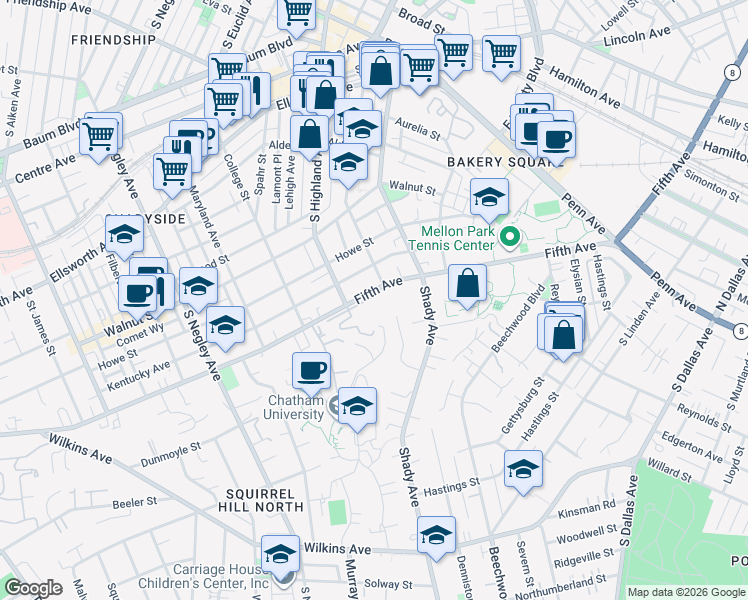map of restaurants, bars, coffee shops, grocery stores, and more near 144 North Woodland Road in Pittsburgh