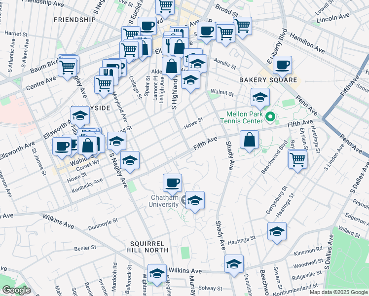 map of restaurants, bars, coffee shops, grocery stores, and more near 5945 Fifth Avenue in Pittsburgh