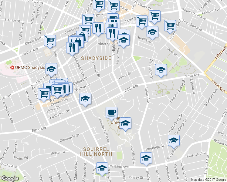 map of restaurants, bars, coffee shops, grocery stores, and more near 5945 Fifth Avenue in Pittsburgh