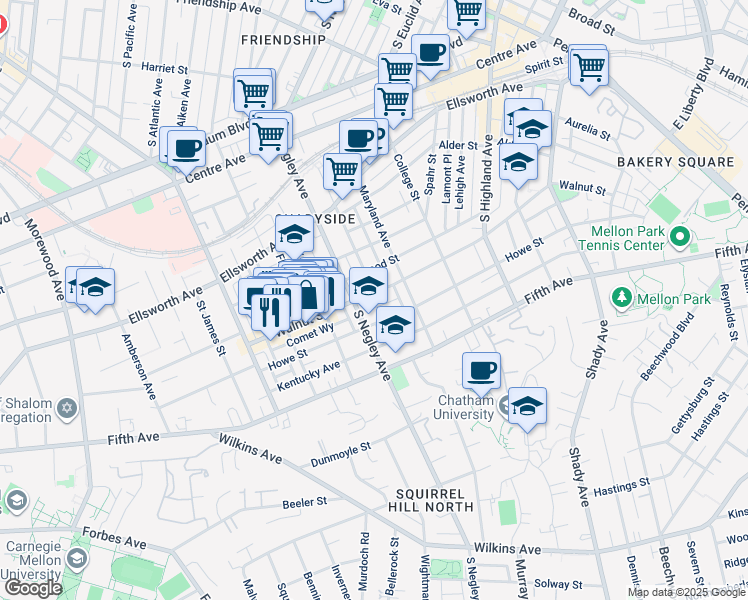 map of restaurants, bars, coffee shops, grocery stores, and more near in Pittsburgh