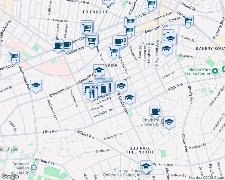 map of restaurants, bars, coffee shops, grocery stores, and more near 5601 Walnut Street in Pittsburgh