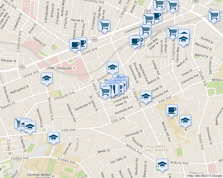 map of restaurants, bars, coffee shops, grocery stores, and more near 722 Filbert Street in Pittsburgh