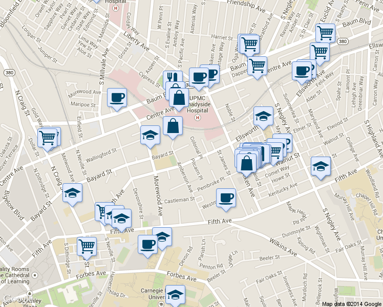 map of restaurants, bars, coffee shops, grocery stores, and more near 5133 Ellsworth Avenue in Pittsburgh