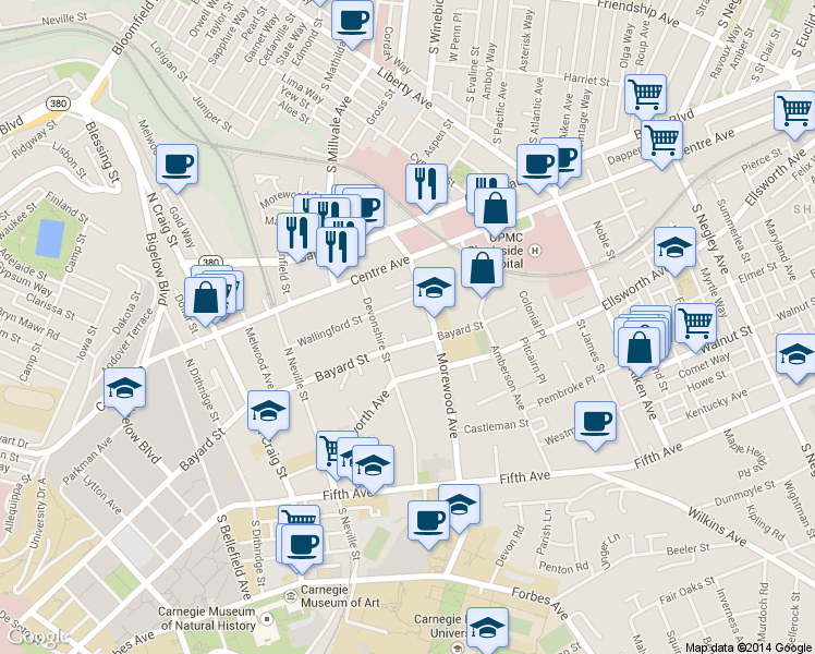 map of restaurants, bars, coffee shops, grocery stores, and more near 4939 Bayard Street in Pittsburgh