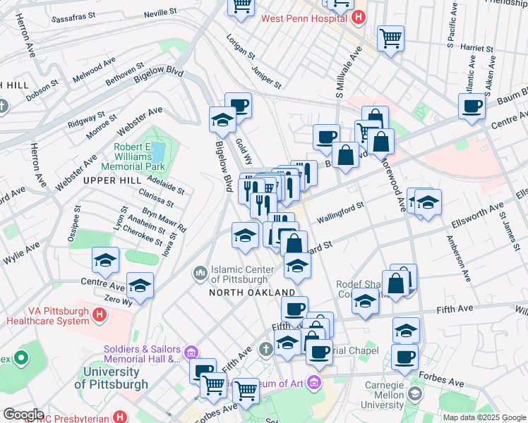 map of restaurants, bars, coffee shops, grocery stores, and more near in Pittsburgh