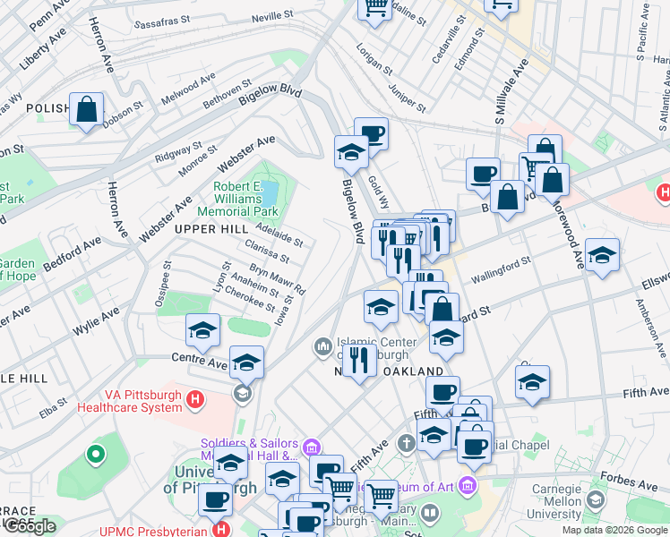 map of restaurants, bars, coffee shops, grocery stores, and more near 4307 Dakota Street in Pittsburgh