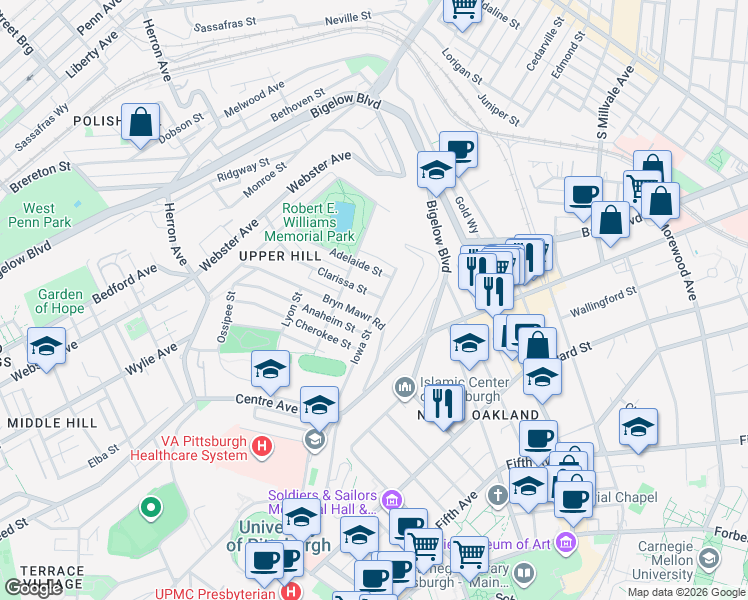 map of restaurants, bars, coffee shops, grocery stores, and more near 928 Clarissa Street in Pittsburgh