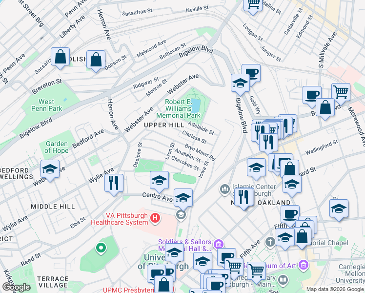 map of restaurants, bars, coffee shops, grocery stores, and more near in Pittsburgh
