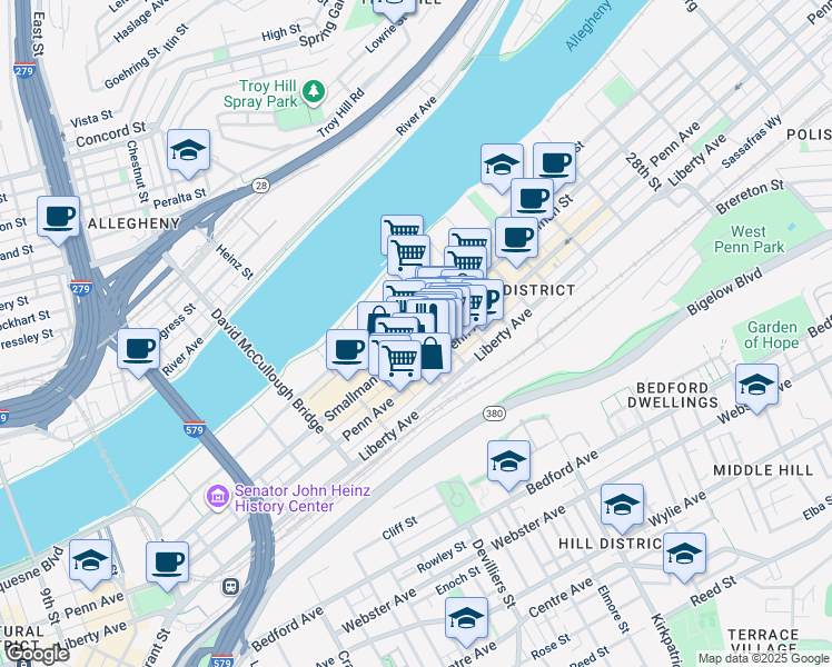 map of restaurants, bars, coffee shops, grocery stores, and more near in Pittsburgh