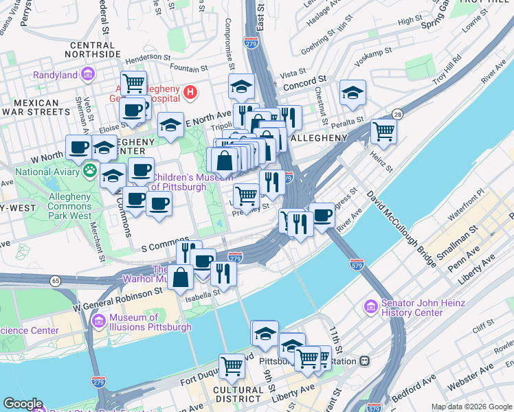 map of restaurants, bars, coffee shops, grocery stores, and more near 510 Pressley Street in Pittsburgh