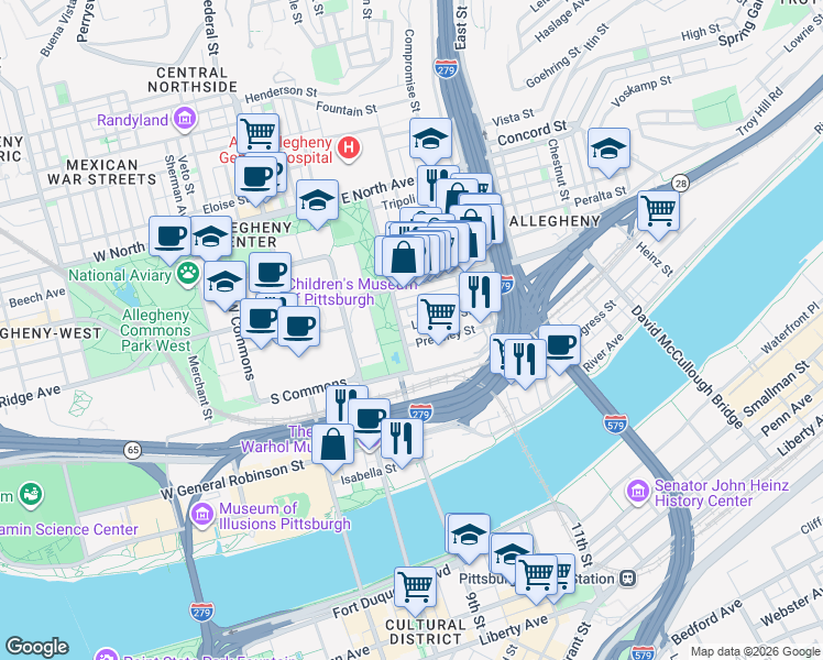 map of restaurants, bars, coffee shops, grocery stores, and more near 408 Cedar Avenue in Pittsburgh