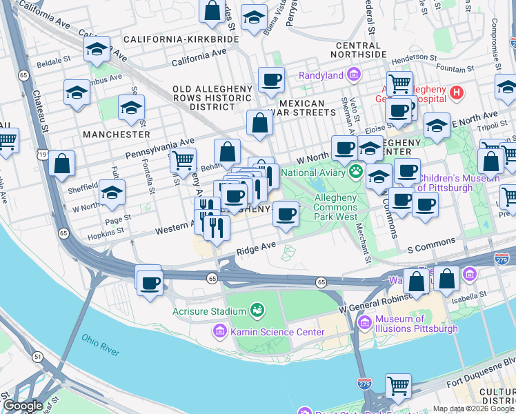 map of restaurants, bars, coffee shops, grocery stores, and more near 847 Western Avenue in Pittsburgh
