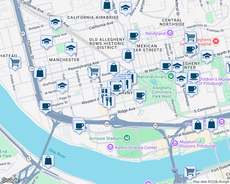 map of restaurants, bars, coffee shops, grocery stores, and more near 922 Western Avenue in Pittsburgh