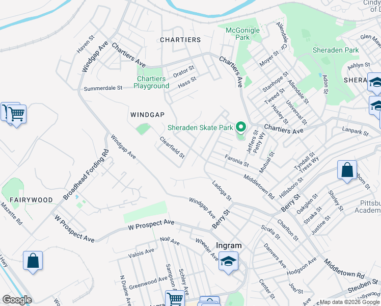 map of restaurants, bars, coffee shops, grocery stores, and more near 3408 Clearfield Street in Pittsburgh