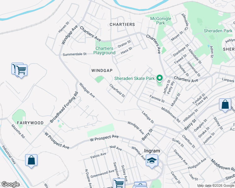 map of restaurants, bars, coffee shops, grocery stores, and more near 3446 Harrisburg Street in Pittsburgh