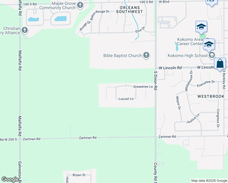 map of restaurants, bars, coffee shops, grocery stores, and more near 2806 Locust Court West in Kokomo