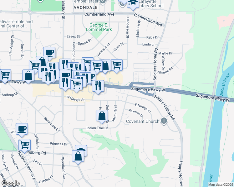 map of restaurants, bars, coffee shops, grocery stores, and more near 160 West Navajo Street in West Lafayette