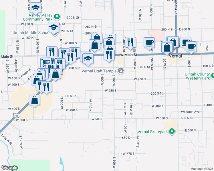 map of restaurants, bars, coffee shops, grocery stores, and more near 560 W 250 S in Vernal