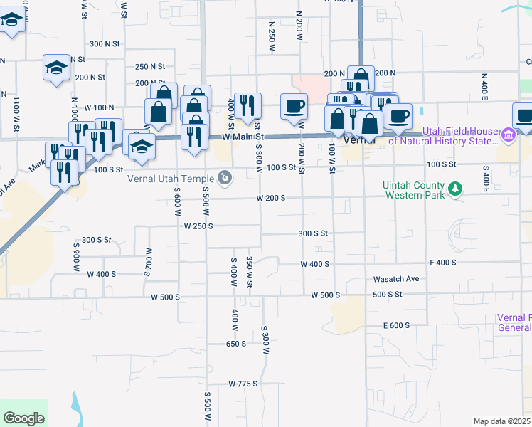 map of restaurants, bars, coffee shops, grocery stores, and more near 237 South 300 West in Vernal