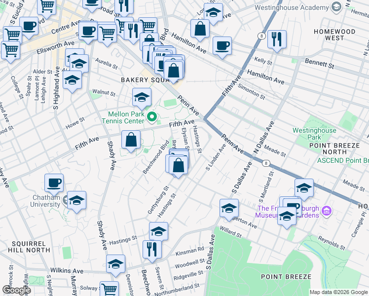 map of restaurants, bars, coffee shops, grocery stores, and more near 218 Elysian Street in Pittsburgh