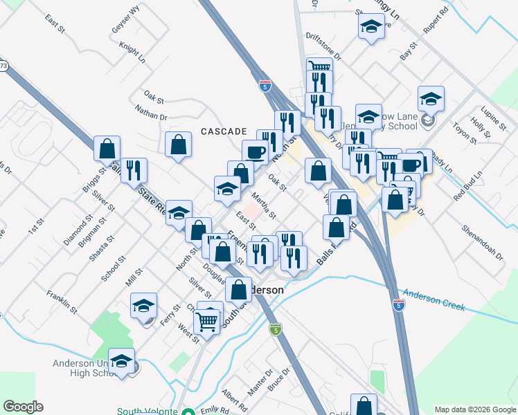 map of restaurants, bars, coffee shops, grocery stores, and more near 2970 Martha St in Anderson