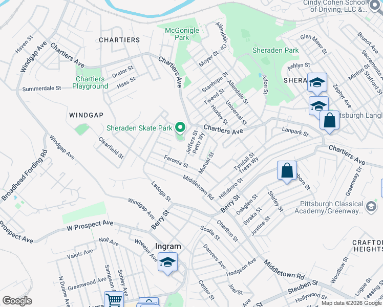 map of restaurants, bars, coffee shops, grocery stores, and more near 1361 Jeffers Street in Pittsburgh