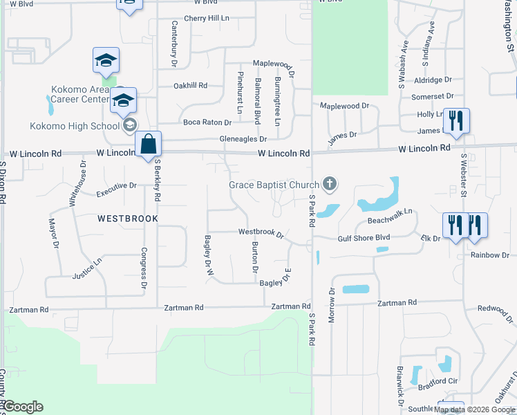 map of restaurants, bars, coffee shops, grocery stores, and more near 2817 Rockford Court South in Kokomo